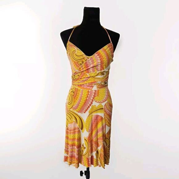 Trina Turk Silk Halter Wrap Mini Dress Psychedelic Yellow Orange Print Size 4 - Picture 1 of 5